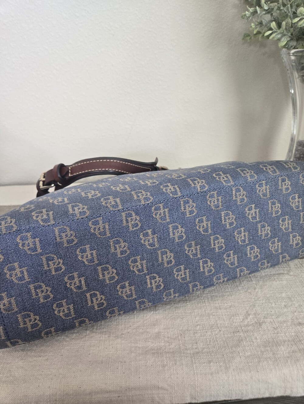 Dooney & Bourke Blue Denim Logo Hobo with Brown Trim, Medium East/West Slouch - Picture 12 of 17